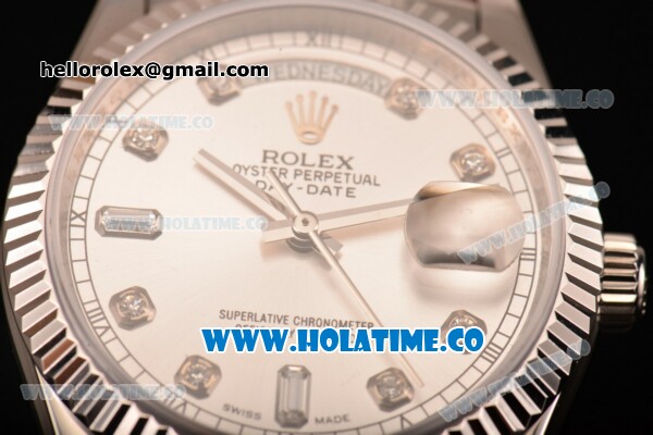 Rolex Day-Date Asia 2813/Swiss ETA 2836/Clone Rolex 3135 Automatic Steel Case with Diamonds Markers and Silver Dial (BP) - Click Image to Close